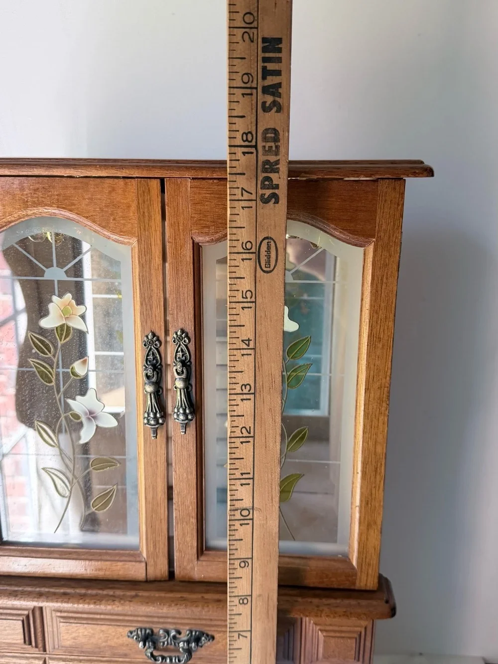 Vintage Wooden Jewelry Armoire with Floral Glass Doors